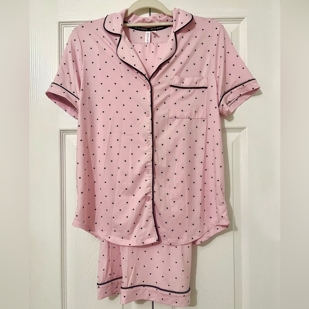 Pink Pajama Set with Black Polka Dots Size S